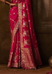 Hot Pink Banarasi Silk Saree with Gold Brocade Blouse