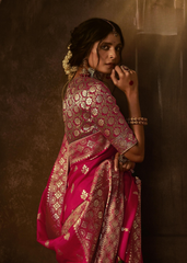 Hot Pink Banarasi Silk Saree with Gold Brocade Blouse