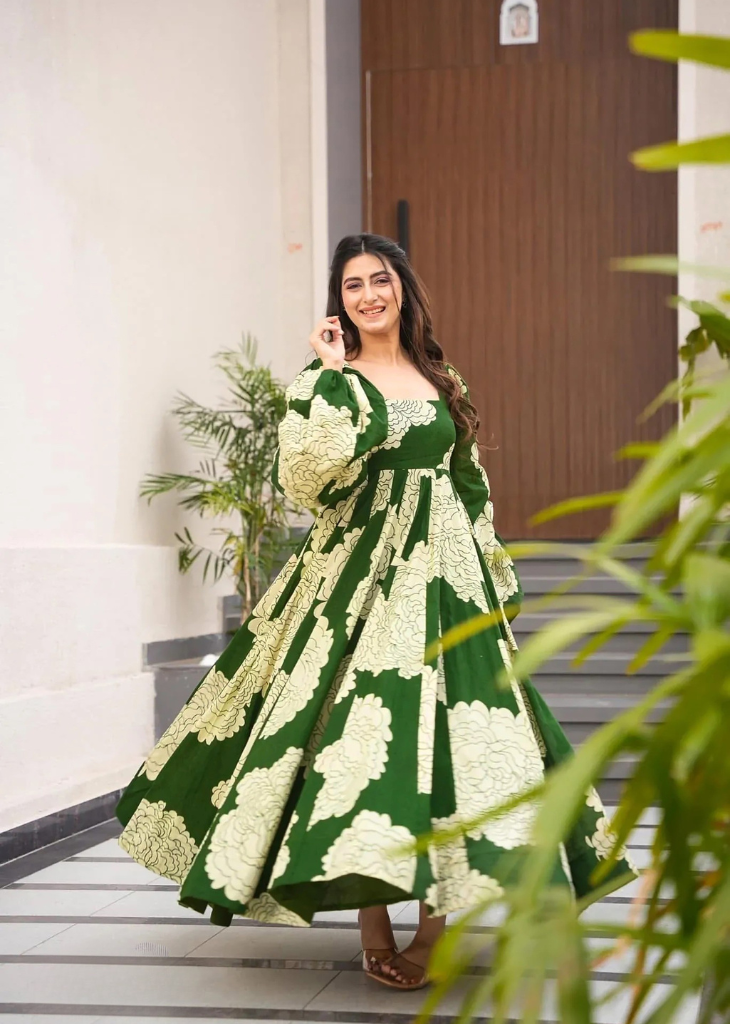 Green Floral Print Rayon Gown with Puff Sleeves