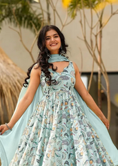 Pastel Blue Floral Anarkali Gown with Dupatta