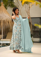Pastel Blue Floral Anarkali Gown with Dupatta