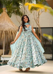 Pastel Blue Floral Anarkali Gown with Dupatta