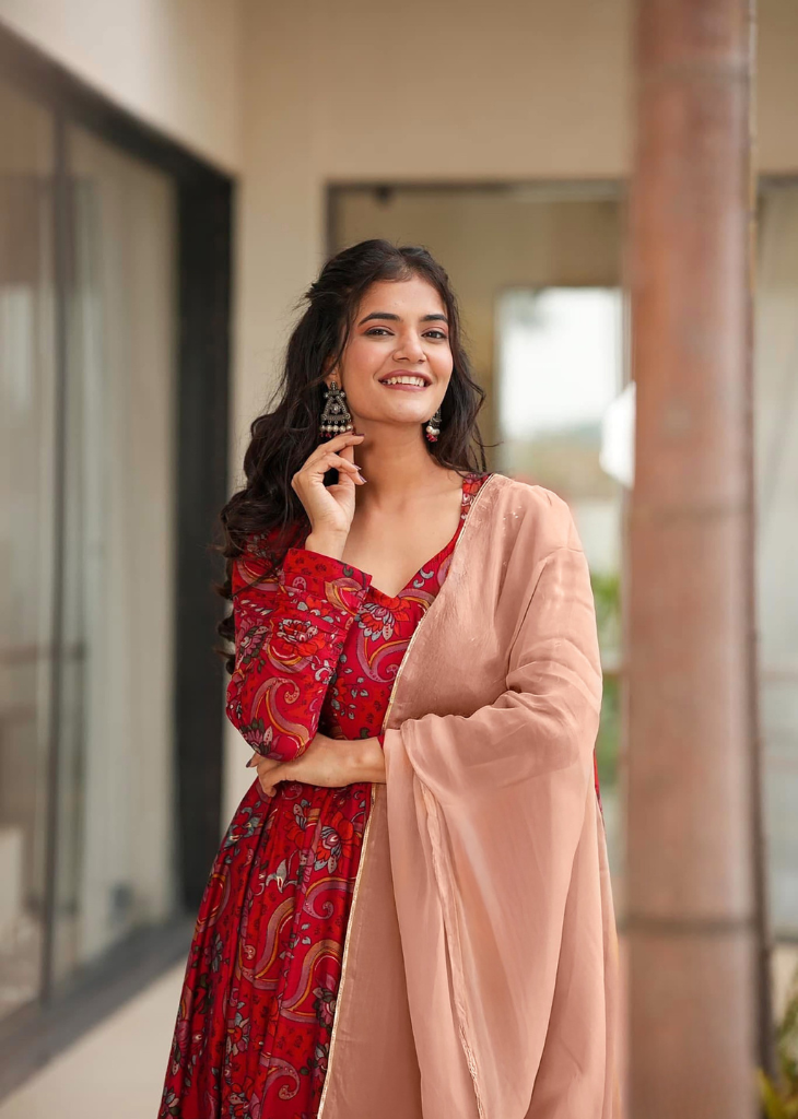 Red Printed Anarkali Gown for Festive Wear