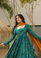 Teal Floral Full Flare Anarkali Gown