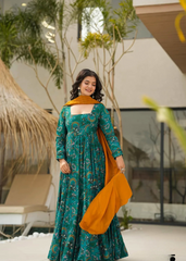 Teal Floral Full Flare Anarkali Gown