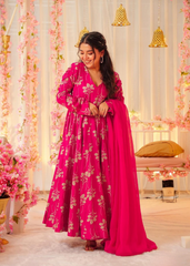 Hot Pink Floral Anarkali Gown with Dupatta