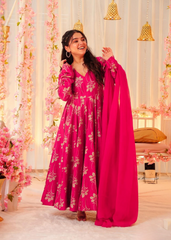 Hot Pink Floral Anarkali Gown with Dupatta