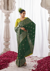 Emerald Green Kora Silk Saree with Minakari Pallu