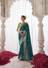 Teal Kora Silk Saree with Intricate Meenakari Border