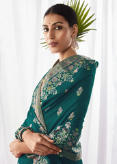 Teal Kora Silk Saree with Intricate Meenakari Border