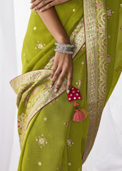 Lime Green Meenakari Saree in Kora Silk Fabric