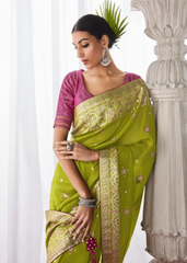 Lime Green Meenakari Saree in Kora Silk Fabric