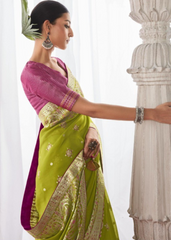 Lime Green Meenakari Saree in Kora Silk Fabric