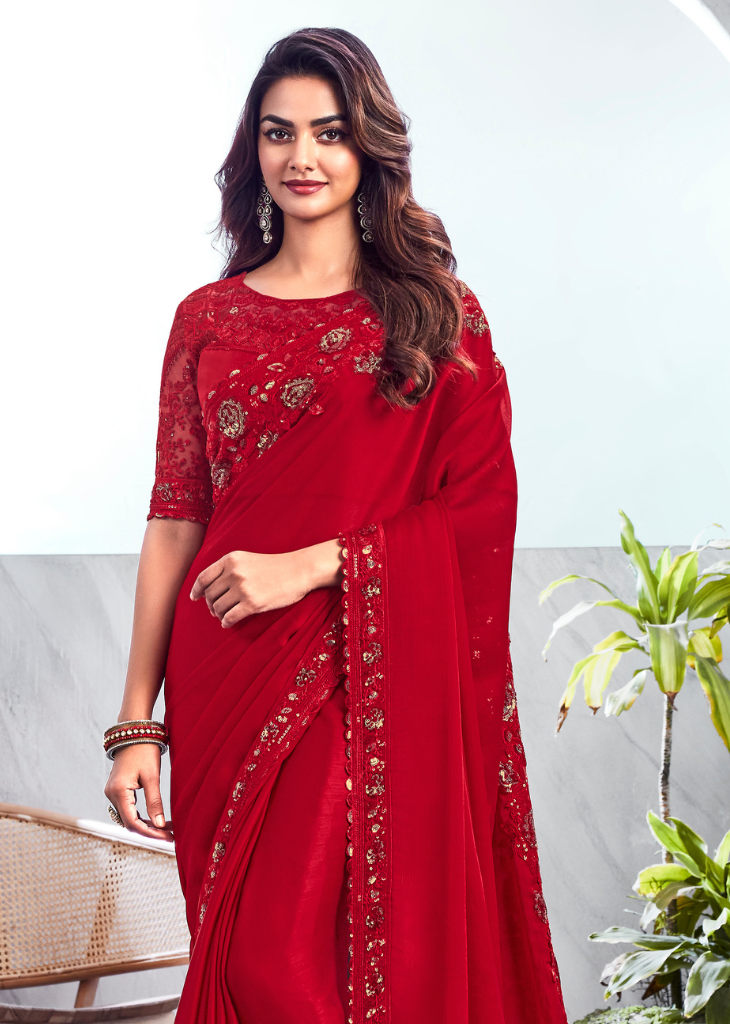 Red Velvet Chiffon Silk Saree with Sequin Embroidered Blouse
