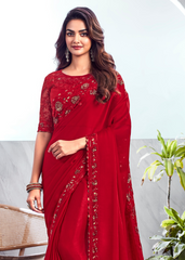 Red Velvet Chiffon Silk Saree with Sequin Embroidered Blouse