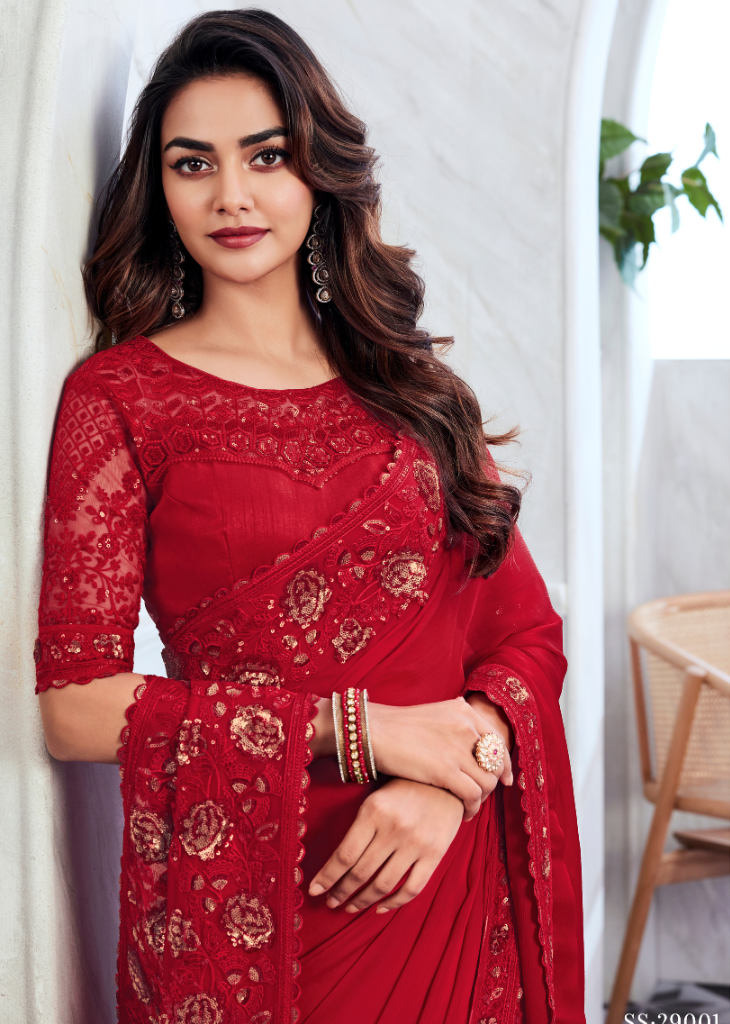 Red Velvet Chiffon Silk Saree with Sequin Embroidered Blouse