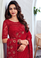 Red Velvet Chiffon Silk Saree with Sequin Embroidered Blouse
