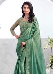 Golden Green Shimmer Silk Saree with Net Blouse