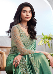 Golden Green Shimmer Silk Saree with Net Blouse