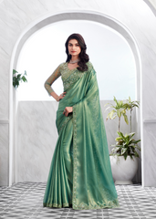 Golden Green Shimmer Silk Saree with Net Blouse