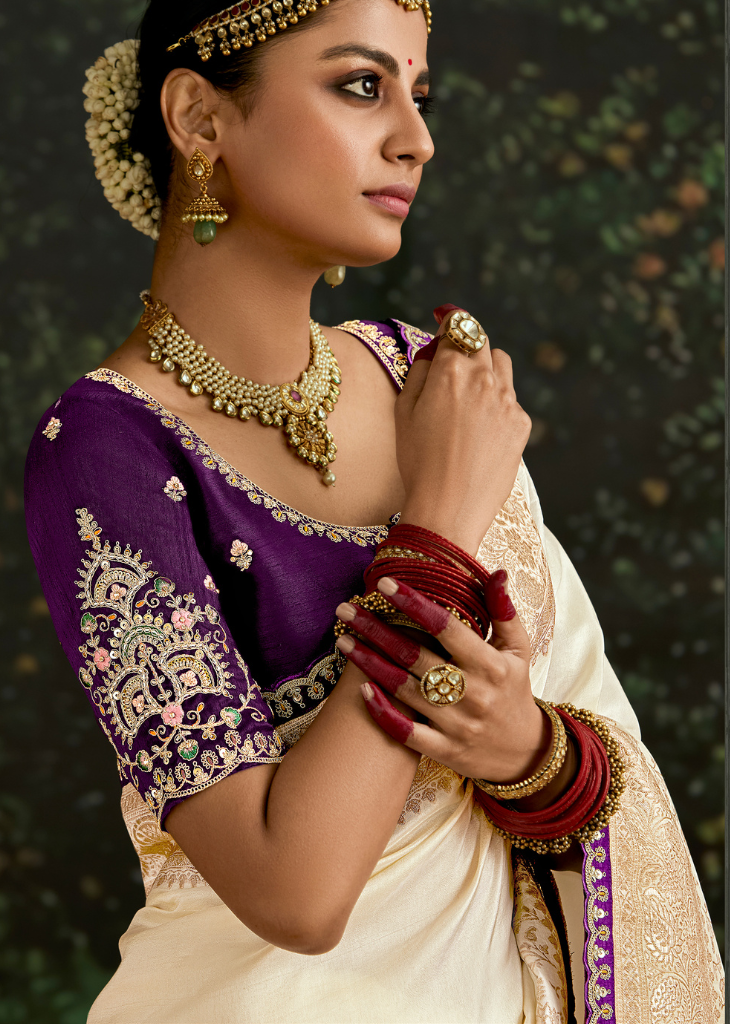 Cream Dola Silk Saree with Embroidery & Sequin Border