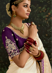 Cream Dola Silk Saree with Embroidery & Sequin Border