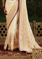 Cream Dola Silk Saree with Embroidery & Sequin Border