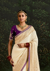 Cream Dola Silk Saree with Embroidery & Sequin Border