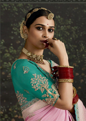 Pink Dola Silk Saree with Aqua Blouse & Sequin Border