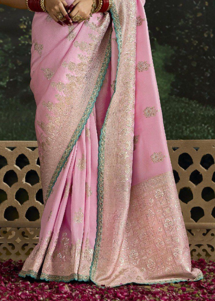 Pink Dola Silk Saree with Aqua Blouse & Sequin Border