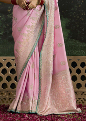 Pink Dola Silk Saree with Aqua Blouse & Sequin Border
