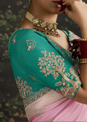 Pink Dola Silk Saree with Aqua Blouse & Sequin Border