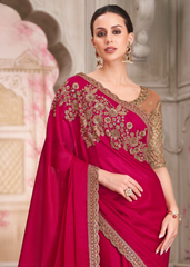 Cherry Blossom Pink Satin Silk Saree with Rich Embroidery Blouse