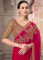 Cherry Blossom Pink Satin Silk Saree with Rich Embroidery Blouse