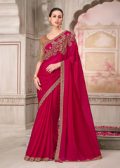 Cherry Blossom Pink Satin Silk Saree with Rich Embroidery Blouse