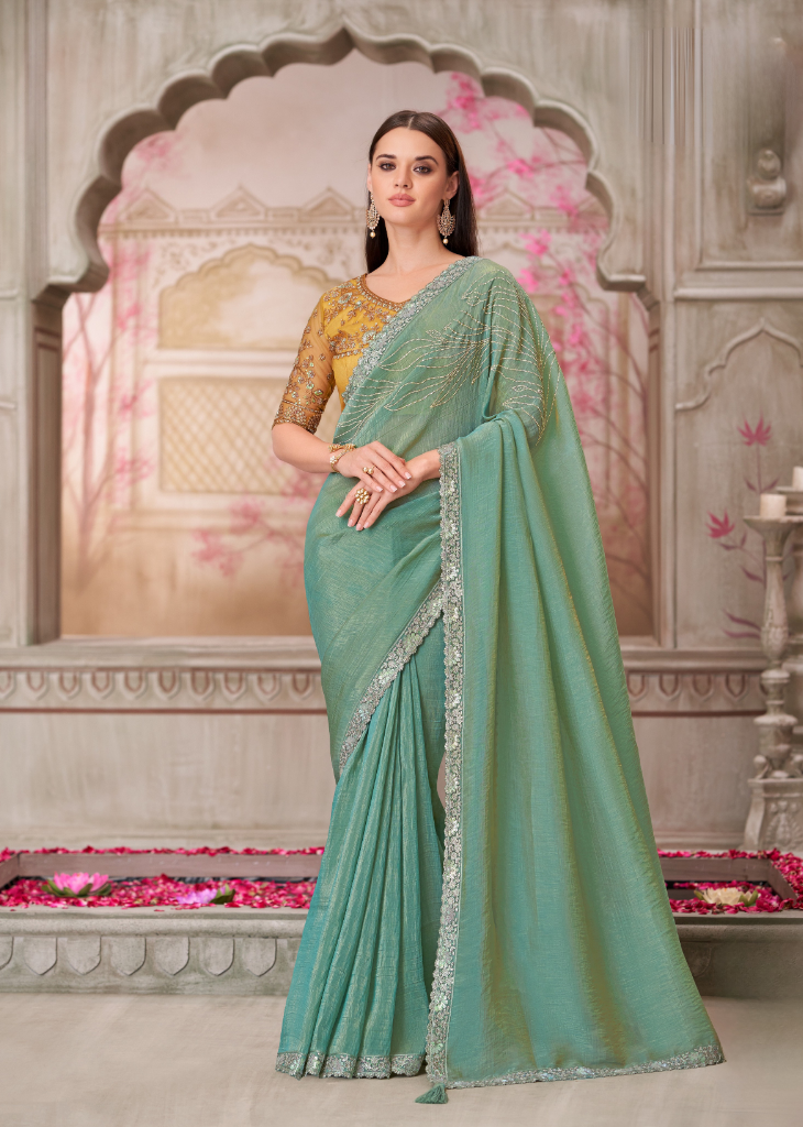 Pista Green Satin Silk Saree with Golden Embroidered Blouse