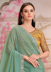 Pista Green Satin Silk Saree with Golden Embroidered Blouse