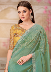 Pista Green Satin Silk Saree with Golden Embroidered Blouse