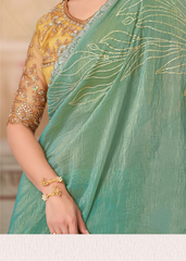 Pista Green Satin Silk Saree with Golden Embroidered Blouse
