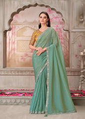 Pista Green Satin Silk Saree with Golden Embroidered Blouse