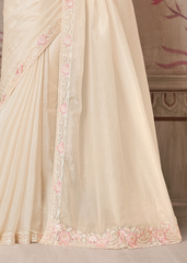 Ivory Pearl Satin Saree with Soft Pink Designer Blouse