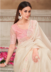 Ivory Pearl Satin Saree with Soft Pink Designer Blouse