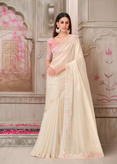 Ivory Pearl Satin Saree with Soft Pink Designer Blouse
