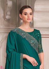 Peacock Blue Satin Silk Saree with Designer Embroidered Blouse