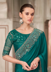 Peacock Blue Satin Silk Saree with Designer Embroidered Blouse