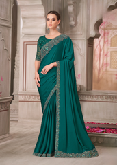 Peacock Blue Satin Silk Saree with Designer Embroidered Blouse