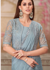 Silver Grey Georgette Saree with Rich Embroidered Jacket Blouse