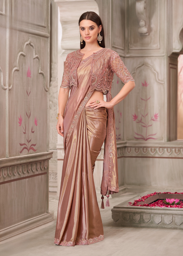 Golden Shimmer Satin Silk Saree with Embroidered Jacket Blouse