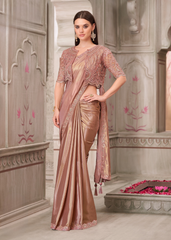 Golden Shimmer Satin Silk Saree with Embroidered Jacket Blouse