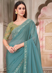 Teal Blue Rainbow Georgette Saree with Tussar Silk Blouse